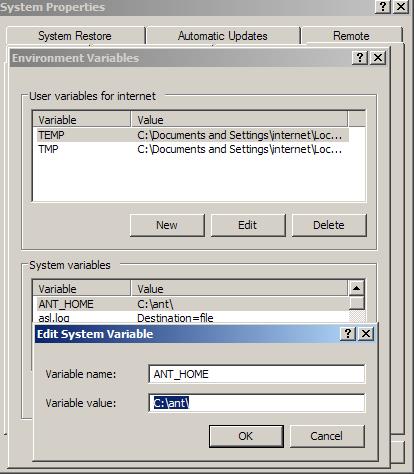 The "Environment Variables" window where the ANT_Home environment variable is set.